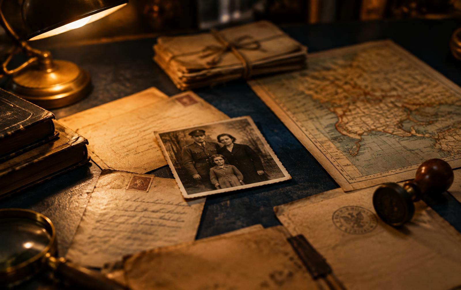 Alte Dokumente, Familienfoto und Karte auf einem Schreibtisch